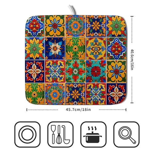 Mexican Tiles Dish Drying Mat for Kitchen Counter Absorbent Microfiber Dish Drying Pad Kitchen Gadgets Multi