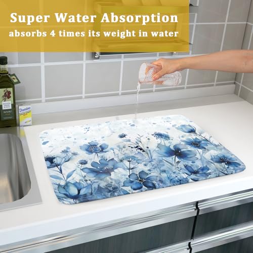 Blue Floral Dish Drying Mat for Kitchen Counter Watercolor Leaves Dishes Drainer Rack Mat Absorbent Microfiber Dish Draining Pad 18x24 Inch