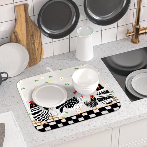 Black Rooster Dish Drying Mat for Countertop 16x18 Inches Buffalo Plaid Microfiber Drainer Rack Pads Fast Dry Dishes Mats Kitchen Accessories