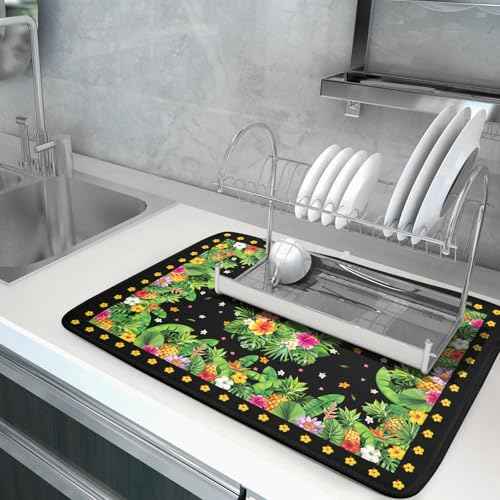 Tropical Flamingo Dish Drying Mat Palm Leaves Absorbent Dishes Drainer Pad Microfiber Dish Rack Mat for Kitchen Countertop Decor 18x24 Inch