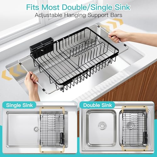 Black Dish Drying Rack Over the Sink with Utensil Holder