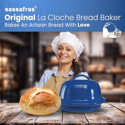 Superstone® Stoneware La Cloche® Bread Baker with Blue Glazed Exterior and Unglazed Interior Bakes an Artisan Bread with Crusty Crust and a Light Crumb