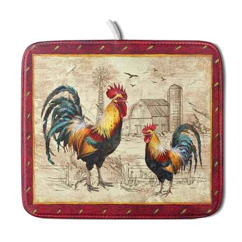 Farm Rooster Dish Drying Mat for Countertop 16x18 Inches Red Rustic Chicken Absorbent Microfiber Dry Dishes Pads Kitchen Counter Accessories