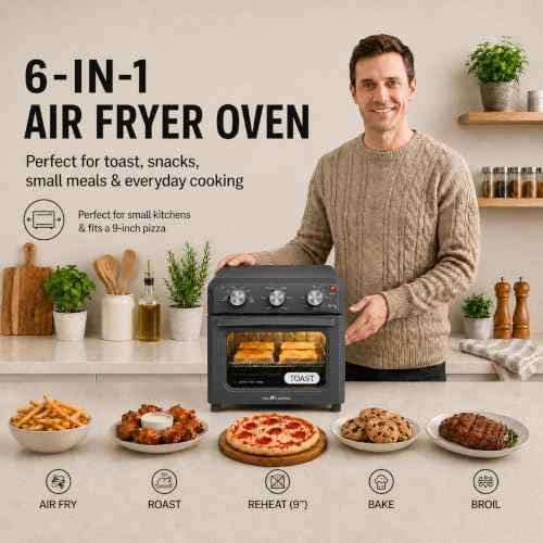 6-in-1 Retro Air Fryer Toaster Oven Combo, Compact 12.7 QT Small Countertop Convection Oven, Fits 9" Pizza & 4 Toast, Hexagon Hybrid Heating, Enamel Baking Pan Included, Dark Grey Color