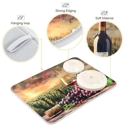 Grapes Wine Glass Bottle Dish Drying Mat for Kitchen Counter Absorbent Microfiber Drying Pad