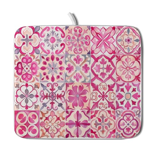 Pink Mexican Tiles Dish Drying Mat Absorbent Microfiber Dish Drying Pad for Kitchen Multi