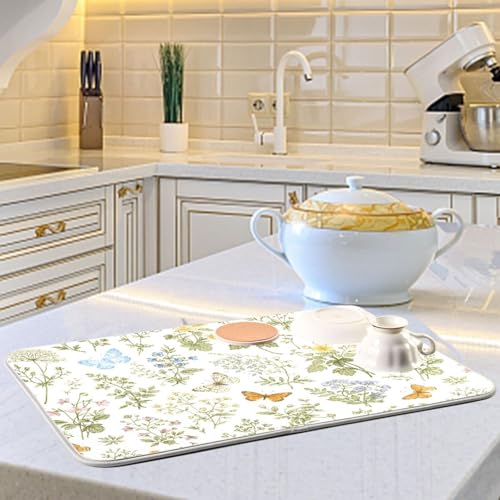 Herbs Flowers Botanical Butterfly Dish Drying Mat for Kitchen Counter Absorbent Microfiber Drying Pad