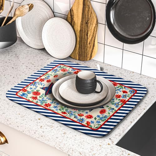 Patriotic Stars Dish Drying Mat for Kitchen Counter 4th of July Holiday Absorbent Reversible Microfiber Dish Pad Small