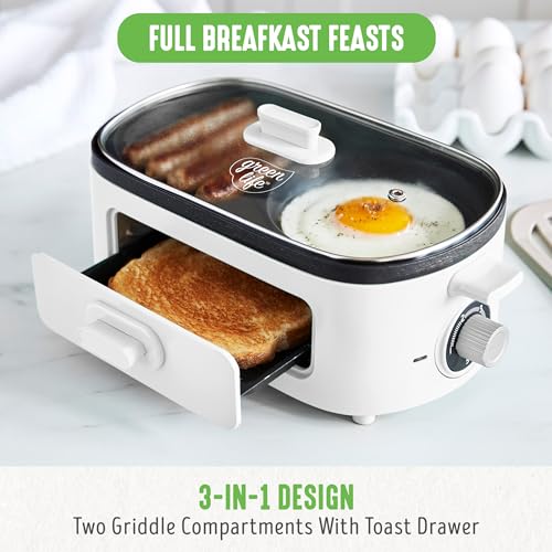 3-in-1 Breakfast Maker Station, Healthy Ceramic Nonstick Dual Griddles for Eggs Meat Sausage Bacon Pancakes and Breakfast Sandwiches, 2 Slice Toast Drawer, Easy-to-use Timer, White