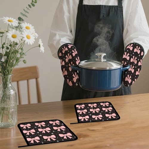 Cute Pink Bow Oven Mitts and Pot Holders (4 Count)