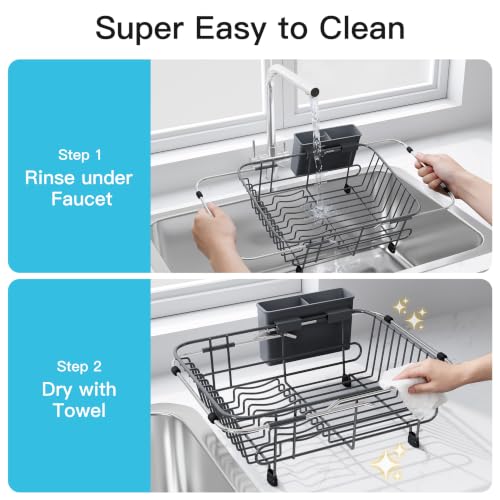 Gray Dish Drying Rack in Sink with Utensil Holder