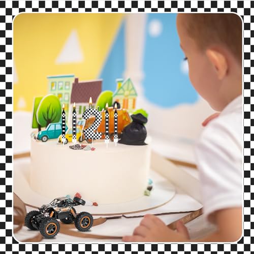 13 Pcs Racing Cars Themed Birthday Candles Black and White Race Number 2 Checkered Candle Cake Topper for Racing Car Party Decoration Supplies (13 Count)