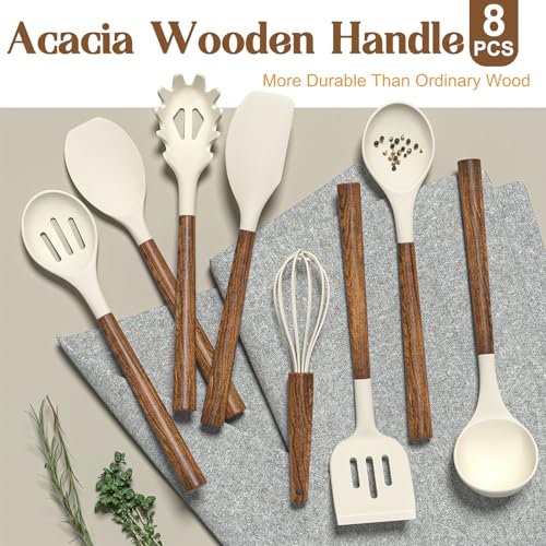 Non Stick Silicone Kitchen Utensils Set with Natural Acacia Hard Wood Handle (8 Count)