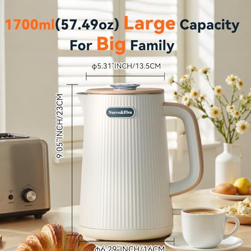 1.7L (57oz) Large Electric Kettle Perfect for 7+Cups of Tea and Coffee,2 quarts Double Wall Big Electric Tea Kettle,Auto Shut Off,1200W Hot Water Kettle Electric -Cream White