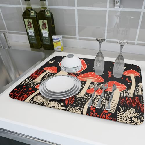 Red Mushroon Dish Drying Mat for Kitchen Counter Black Microfiber Absorbent Dish Pad 24 x 18 in