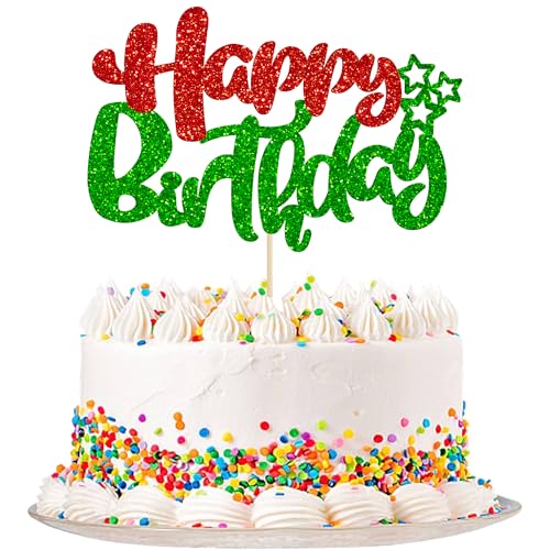 1Pcs Happy Birthday Cake Topper Glitter Happy Birthday Cake Pick for Christmas Theme Baby Shower Anniversary Party Decorations Supplies Red Green