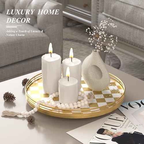 13 Inch Gold and White Checkerboard Lazy Susan with Rubberwood Base