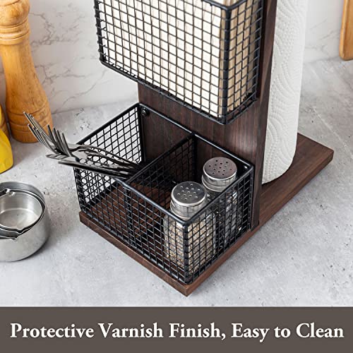 3-in-1 Kitchen Organizer with Paper Towel Holder, Napkin Holder & Spice Rack - Rustic Wood & Industrial Metal Pipe Caddy for Farmhouse Dining Table