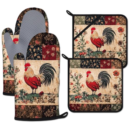 Rustic Rooster Oven Mitts and Pot Holders Sets Heat Resistant 4Pcs Potholders Oven Gloves Hot Pads for Kitchen Baking Cooking Grilling BBQ (4 Count)