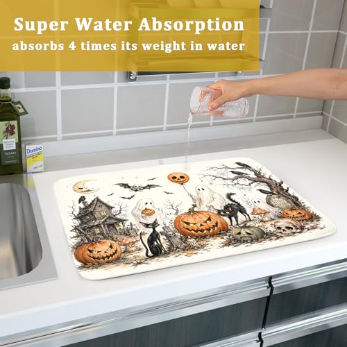 Halloween Pumpkin Ghost Dish Drying Mat Black Cat Microfiber Dishes Pad 18x24 Inch Holiday Dish Drainer Rack Mats for Kitchen Counter Sink