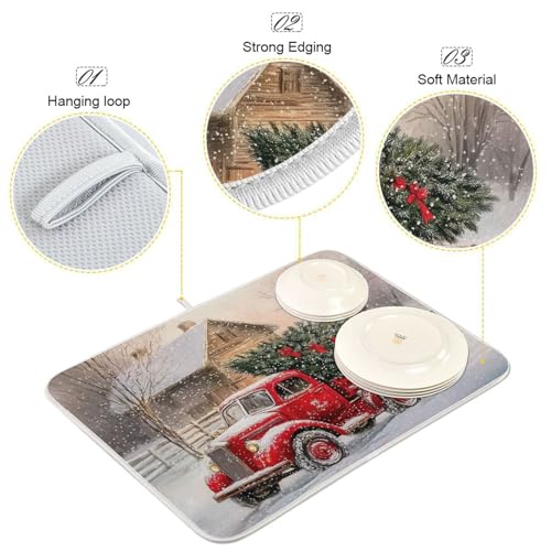 Red Christmas Truck Dish Drying Mat for Kitchen Counter Absorbent Microfiber Drying Pad