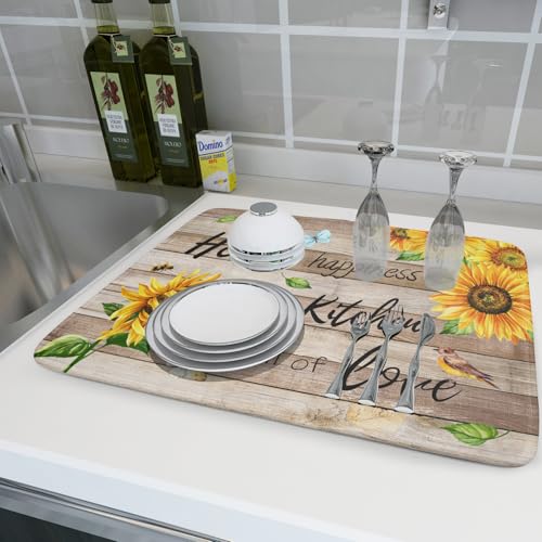 Sunflower Floral Dish Drying Mat for Kitchen Countertop 18x24 inch Rustic Wood Washable Microfiber Absorbent Dishes Drainer Rack Pad