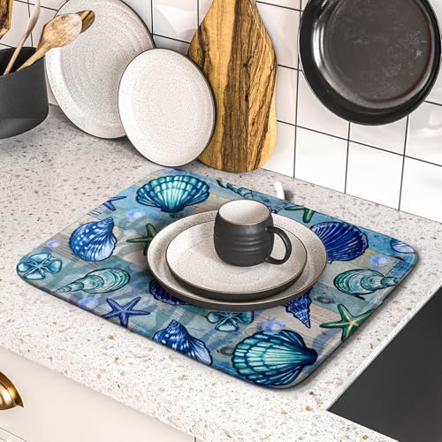 Starfish Seashell Dish Drying Mat 16x18 inch Coastal Beach Dish Drainer Rack Pad Absorbent Microfiber Fast Dry Kitchen Counter Accessories