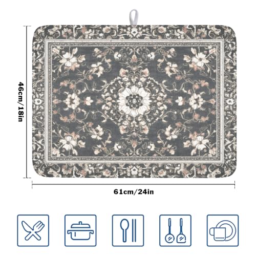 Boho Floral Dish Drying Mat Grey Leaves Dishes Drainer Pad 18x24 Inch Microfiber Absorbent Kitchen Dry Rack Mat for Counter Tableware Decor