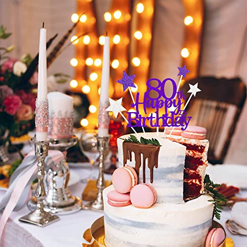 Purple Silver 80th Birthday Cake Topper with Glittery Stars (7 Count)