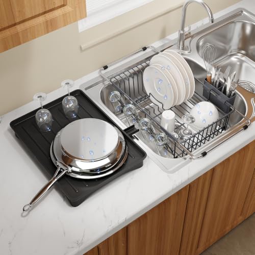 Grey Expandable Dish Drying Rack Over Sink with Extra Drainboard