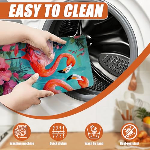 Tropical Flower Flamingo Dish Drying Mat for Kitchen Counter Microfiber Absorbent Dish Kitchen Drying Mat Draining Reusable Washable for Dishes