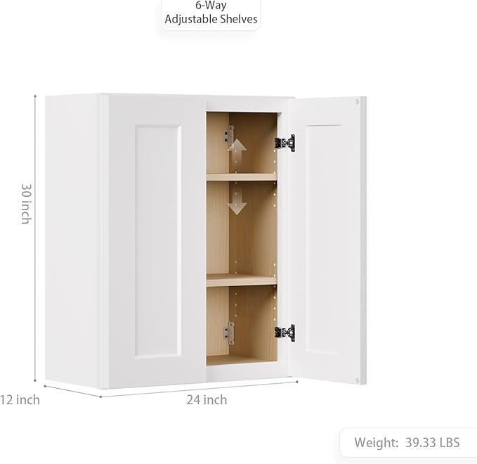 Solid Wood Laundry Room Wall Cabinets, 24 Inch Wide 12" Deep Large Hanging Storage Cabinets, RTA Medicine Organizer with 2 Shaker Doors, Easy Assembly for Kitchen, Bathroom - White