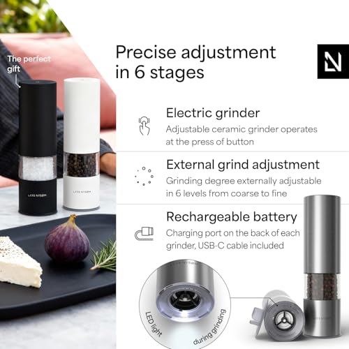 Electric Salt and Pepper Grinder Set I Automatic Salt and Pepper Mills with Adjustable Ceramic Grinder I USB Rechargeable Electric Spice Mill Set with LED Light