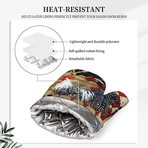 Rooster Print Oven Mitts and Pot Holders Sets Silicone Rooster Kitchen Mitts Potholders Heat Resistant 4Pcs Oven Gloves Hot Pads for Kitchen Baking Cooking BBQ Grilling (4 Count)