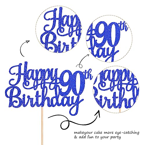 1 PCS Happy 90th Birthday Cake Topper Glitter Cheers to 90 Years Birthday Cake Pick Ninety 90 Fabulous Cake Decoration for Happy 90th Birthday Theme Party Decorations Supplies Blue