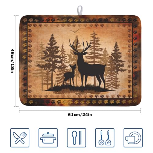 Forest Deer Dish Drying Mat Wildlife Animal Dishes Pad 18"x24" Microfiber Absorbent Fast Dry Drainer Rack Mats for Kitchen Countertop Decor
