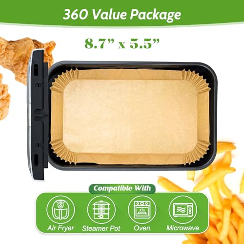 360 Pcs 8.7" x 5.5" Square Air Fryer Paper Liners Disposable Unbleached Heavy Duty (360 Count)