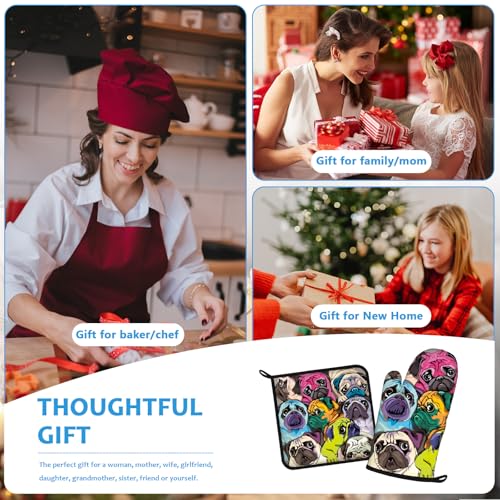 Colorful Pug Dog Face Oven Mitts and Pot Holders Sets Heat Resistant 4Pcs Potholders Oven Gloves Hot Pads for Kitchen Baking Cooking Grilling BBQ (4 Count)
