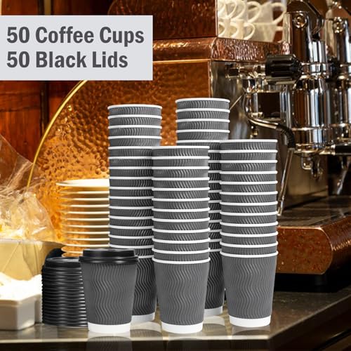 50 Pack 16 oz Insulated Disposable Coffee Cups with Lids (50 Count)