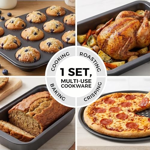 Non-Stick 8-Piece Bakeware Set – Carbon Steel with Even Heat Distribution, Oven Safe to 446°F, BPA-Free, Dishwasher Safe, Stackable Baking Tools for Easy Storage and Everyday Cooking - Gray