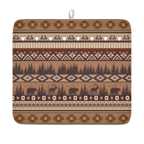 Rustic Bear Deer Dish Drying Mat Boho Ethnic Drainer Rack Pad 16x18 Inch Microfiber Absorbent Dish Sink Mat for Counter Kitchen Tableware
