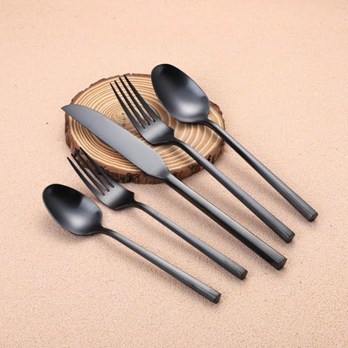 Matte Silverware Set Black Flatware Set with Hexagon Handle 20 Pieces 18