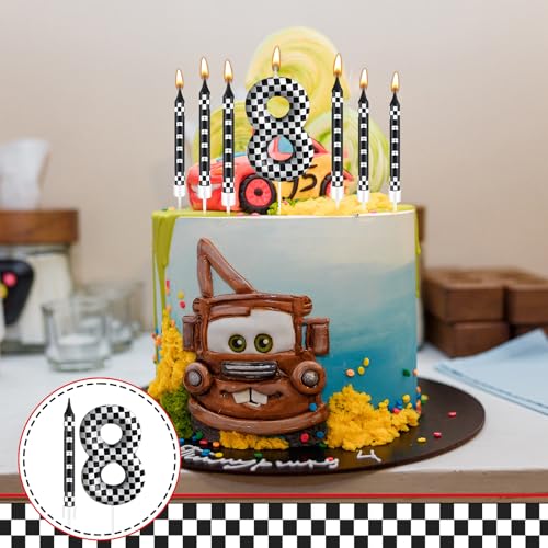 13 Pcs Racing Cars Themed Birthday Candles Black and White Race Number 8 Checkered Candle Cake Topper for Racing Car Party Decoration Supplies (13 Count)