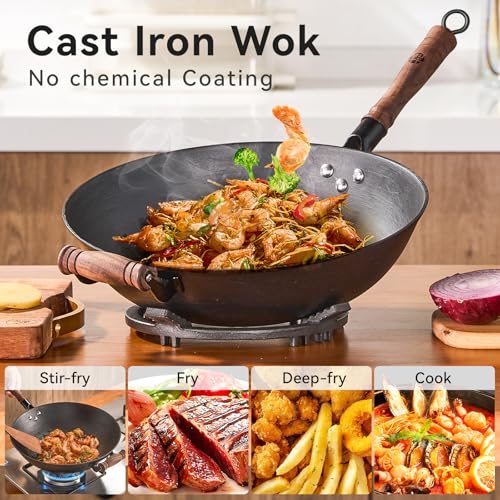 12.6" Cast Iron Wok with Glass Lid
