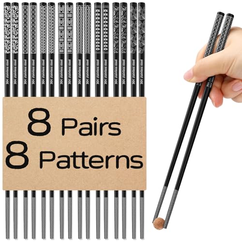 8 Pairs Metal Chopsticks Reusable Black Stainless Steel Chopsticks Set Laser Engraved Non (8 Count)