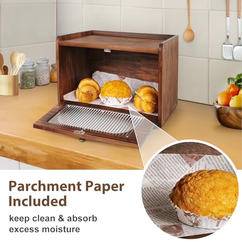 Bread Box for Kitchen Countertop Storage Wooden Breadbox Holder Container Morden Rustic Fresh Bread Keeper Farmhouse Stackable Organizer Bin for Homemade Food Shelf Acrylic Window