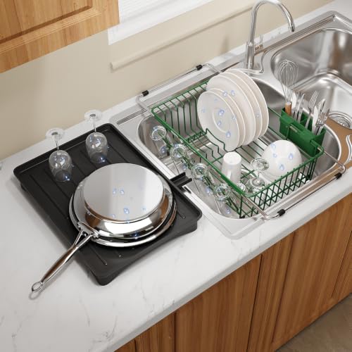 Green Expandable Dish Drying Rack Over Sink with Extra Drainboard
