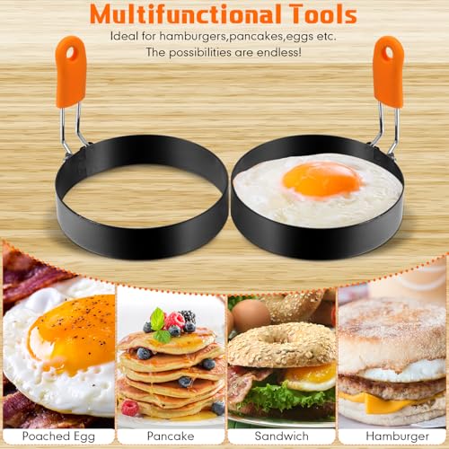6 Pcs Egg Ring Pancake Ring Set Stainless Steel Fried Egg Molds Griddle Pancake Shapers with Silicone Handle for Breakfast Omelette Sandwich