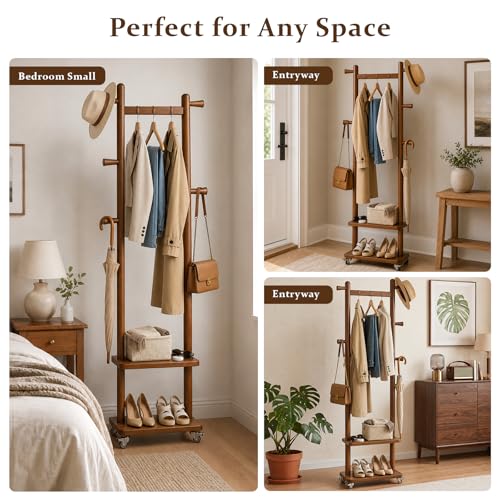 Small Clothes Rack Solid Wood Coat Rack Freestanding with Wheels