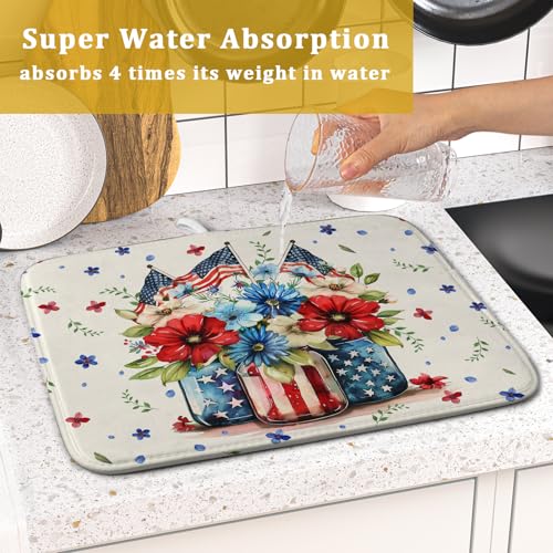 American Patriotic Floral Dish Drying Mat Flower Vase Drainer Rack Mats 16"x18" Absorbent Microfiber Dish Dry Pad for Kitchen Counter Sink